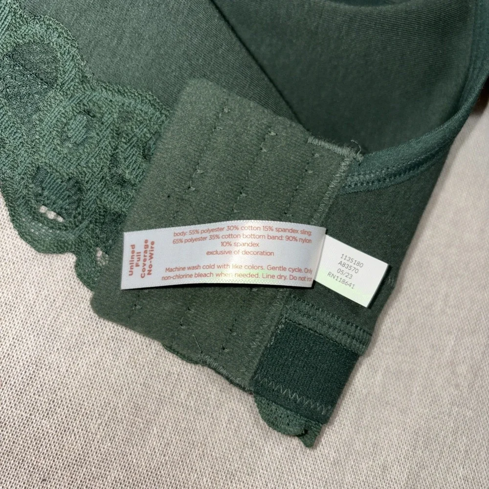 Cacique Bra 48D green wireless Lace‎ unlined full coverage No Wire